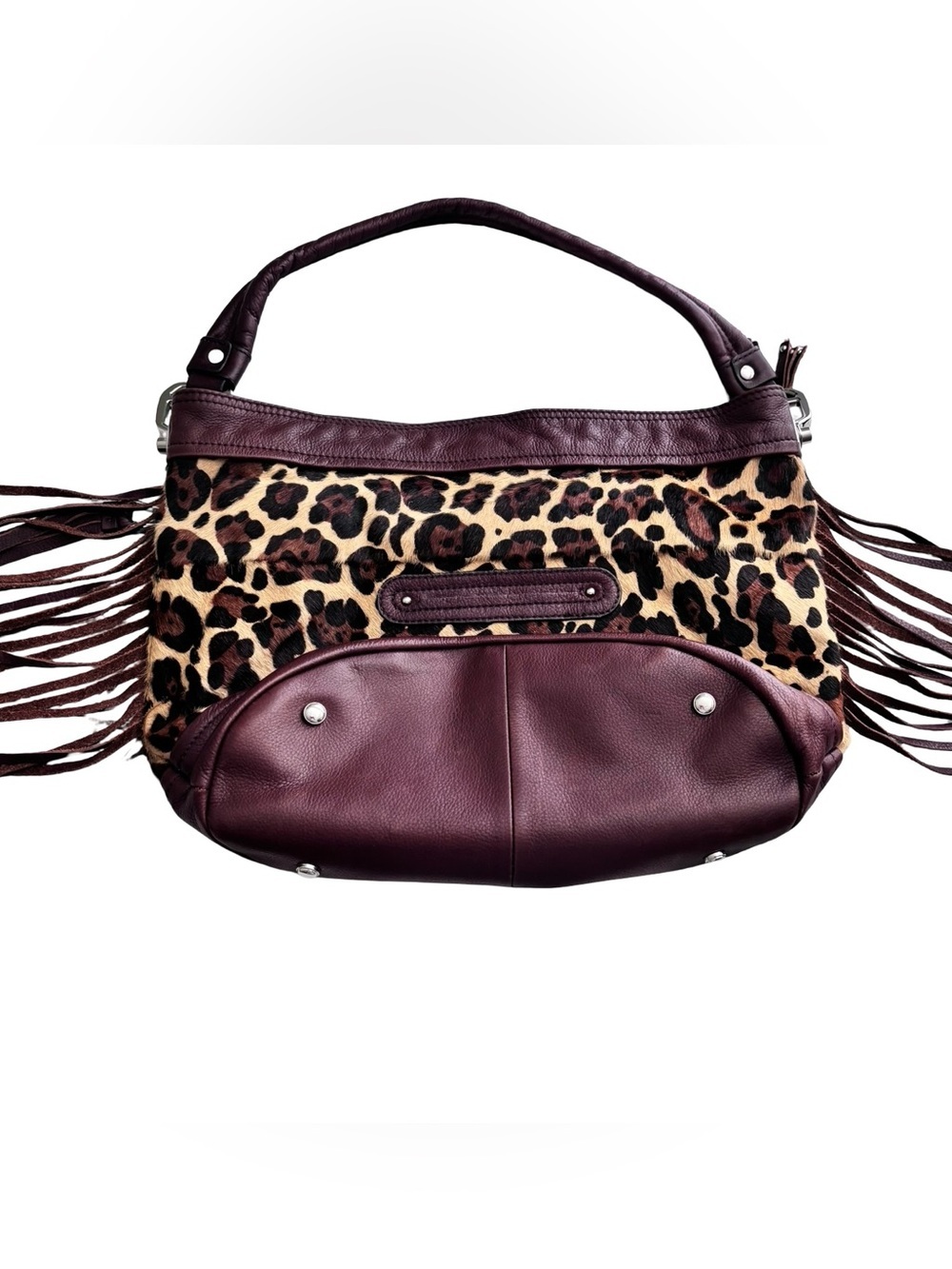 b. makowsky chocolate brown and Tan Leopard Fringe Shoulder Bag